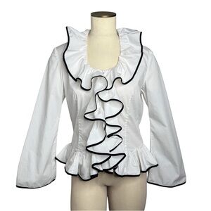 Samuel Dong White Contrast Trim Dramatic Ruffle Bell Sleeve Poplin Blouse Size M